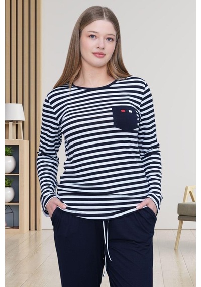 Mecit Pijama Mecit 6201 Lacivert Çizgili Büyük Beden Kadın Pijama Takımı Lacivert