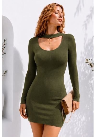 Lior Design V Yaka Elbise Kollu Uzun Abiye Haki