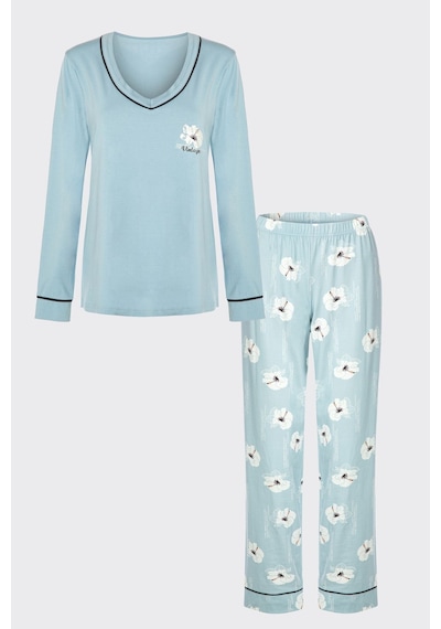 Kadın V Yaka Çiçek Desenli Ara Biyeli Uzun Kollu Pamuklu Pijama Takımı Ko70141 Mavi - Beyaz