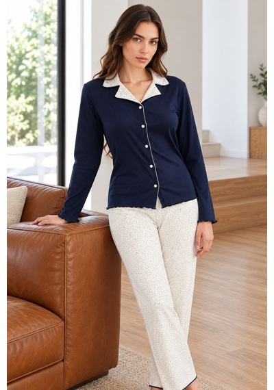 Nisanca Premium Soft Dokulu Kadın Düğmeli Uzun Kollu Pijama Takımı Fitilli Kumaş, Desenli Uzun Alt, 2'li Takım Lacivert