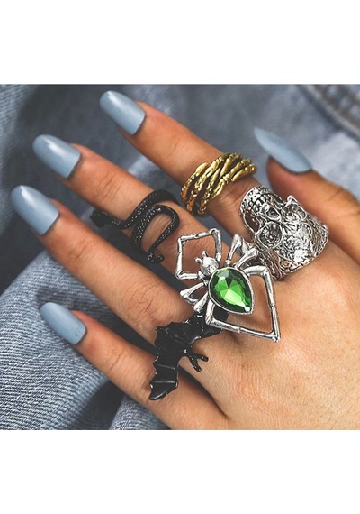 Girift Vintage Spider 5 Adet Yarasa Kafatası Yılan Örümcek Figürlü Yüzük Seti Gri