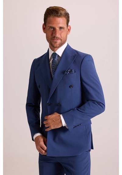 Erkek Mavi Regular Fit Kruvaze Takım Elbise