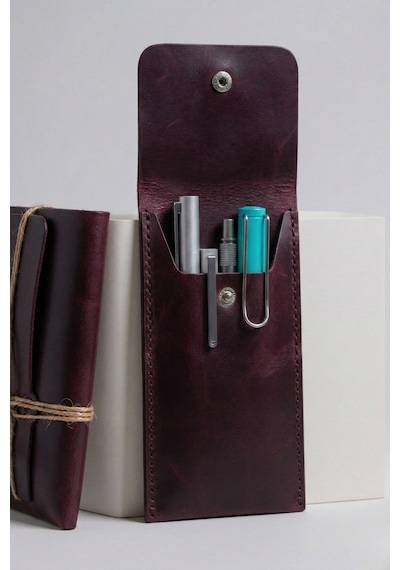 Luvo Özel Tasarım Hakiki Deri Kalem Kutusu El İşi İtalyan Dikişli Premium Minimalist Kalemlik Koyu Mor