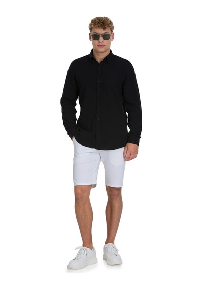 Hatemoğlu Siyah Comfort Fit Çizgili Düğmeli Yaka 100% Pamuk Uzun Kollu Casual Gömlek