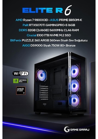 Game Garaj ELITE-R6 R7-9800X3D RTX5070Ti 32 GB 1 TB SSD Free Dos Oem Paket Masaüstü Oyuncu Bilgisayarı
