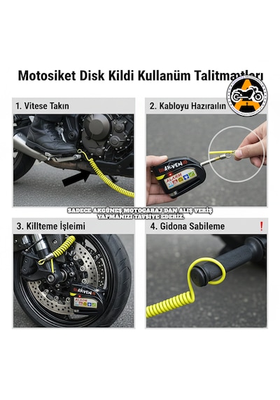 Akgüneş Motogaraj Yüksek Hassasiyetli Yüksek Desibelli Motosiklet Disk Kilidi + Hatırlatma Kablosu Siyah