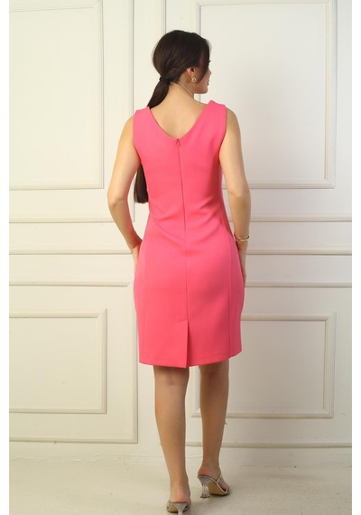 By Saygı V Yaka Klasik Kısa Krep Elbise-39823 Pembe