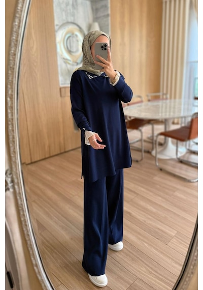 Ka Hijab Kolu Tüllü Merserize Takım - Lacivert