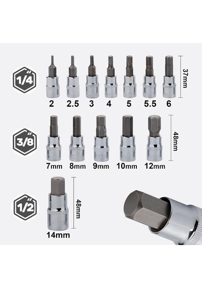 Alight Hex Bit Soket Seti Premium S2 Alaşım Çelik 13 Parça Metrik 2 Mm - 14 Mm Allen Soket Kiti