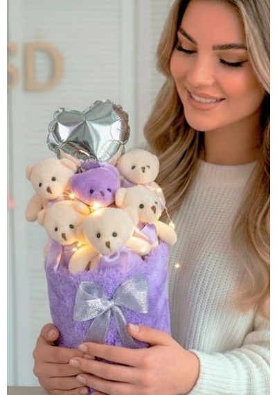 Deluxe Lila Peluş Silindir Kutuda, Led Işıklı Kalpli Balonlu 6 Lı Lila Ayıcık Buketi - Sevdiğine Hediye
