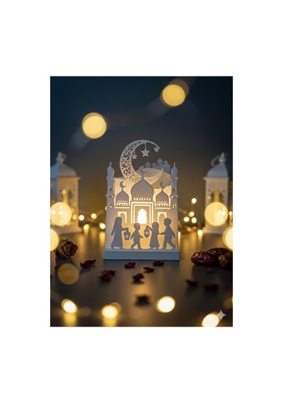 Ramazan Ayına Özel Işıklı Masaüstü Dekor 8x11 Cm Led Li Cami Ve Çocuk Figürlü Ramazan Süsü