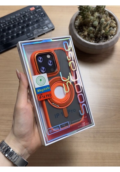 Apple Uyumlu iPhone 14 Pro Standlı Ve Yüzüklü Magsafe Kılıf Soocase721 Turuncu