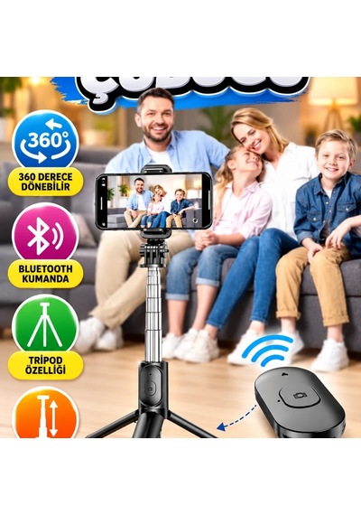 Bluetooth Kumandalı 360 Derece Dönebilen Tripod Özellikli Selfie Çubuğu Siyah