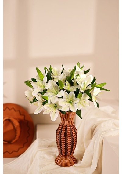 Beyaz Yapay Zambak Çiçeği 2 Dallı Premium Canlı Islak Dokulu 45 Cm
