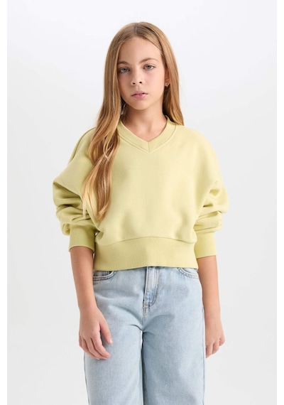 DeFacto Kız Çocuk Cropped Fit V Yaka Basic Düz Sweatshirt D7047A824WNGN659 Yeşil