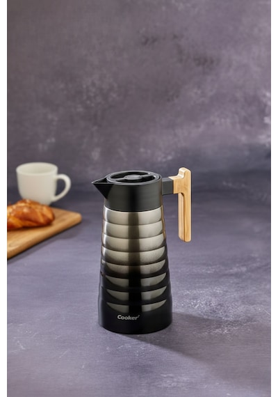 Cooker 2 Litre Çelik Termos Bambu Saplı Siyah Gri