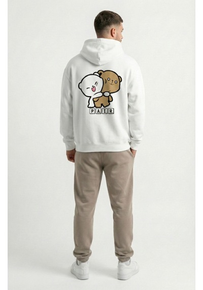 Unisex Oversize Ayıcık Baskılı Çift Hoodie Beyaz