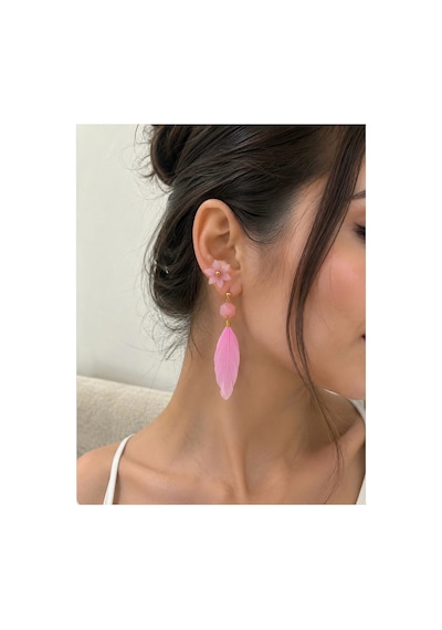 Pembe Çiçekli Tüylü Sallantılı Küpe Pembe Pembe