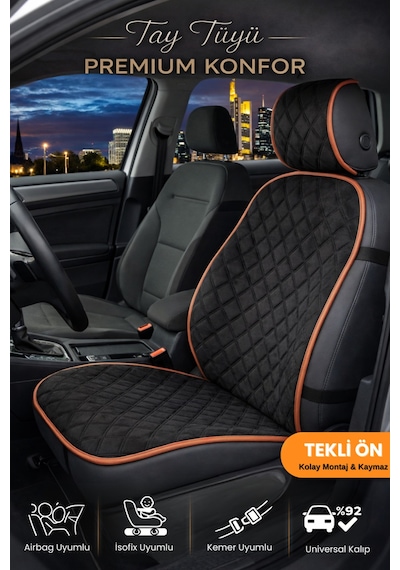 Oto Koltuk Kılıfı Tay Tüyü Tekli Ön Minder 4 Katmanlı Terletmez Airbag Uyumlu - Siyah Taba
