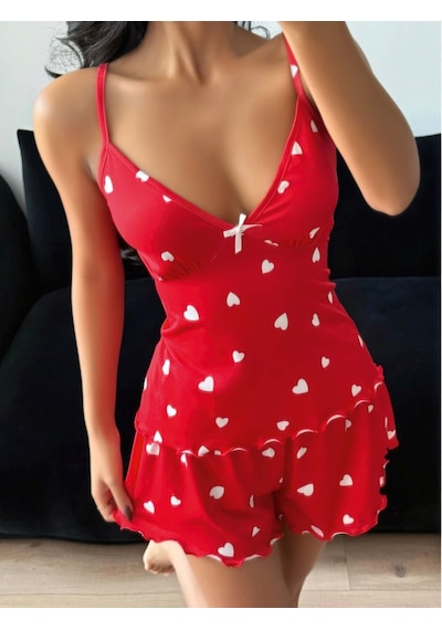 Motto10 Butik Kadın Kalp Desenli Şortlu Pijama Takım 5178 Kırmızı