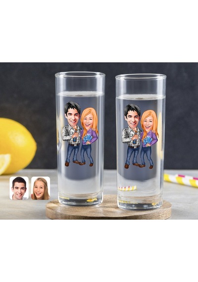 Kişiye Özel Renkli Baskılı Sevgililer Karikatürlü İkili Vodka Bardağı-50 Çok Renkli