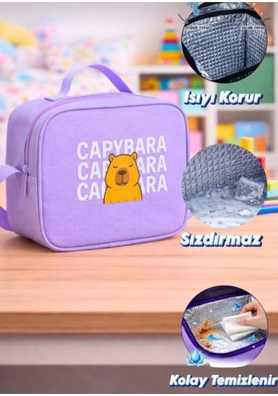 Capybara Desenli 3 Parça İlkokul Ortaokul Çanta Seti Sırt Çantası Beslenme Çantası Kalemlik Lila
