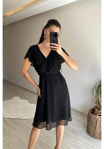 Neşeli Butik Kadın V Yaka Kuşaklı Mini Şifon Elbise Nm007 Siyah