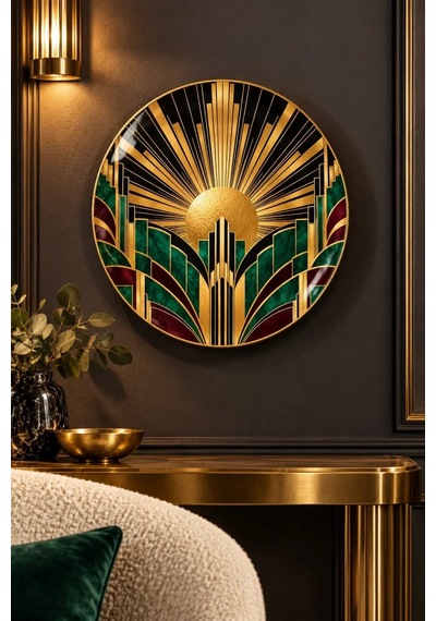 Dekoratif Duvar Tabağı Siyah Altın Art Deco Dekorlu Seramik Tabak Bej