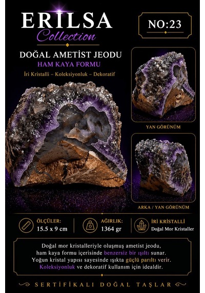 Sertifikalı Doğal Ametist Jeodu Taşı İri Kristal Ham Kaya Mor Ame