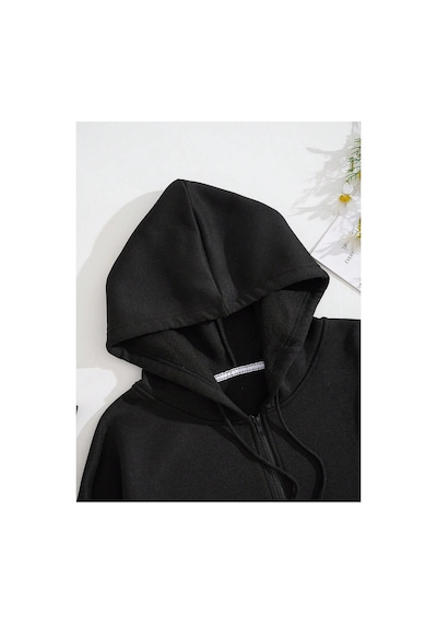 Tarzsokak Sun & Moon Print Zip Up Drawstring Lined Hoodie Siyah