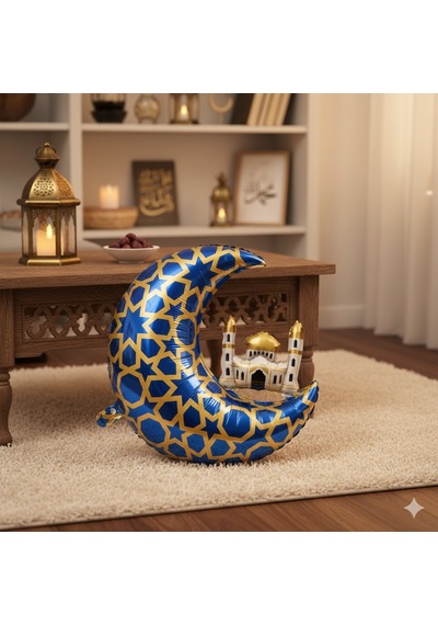 65 X 63 Cm Folyo Balon Mavi Gold Desenli Cami Figürlü Hilal - Ramazan Süs Balonu Çok Renkli