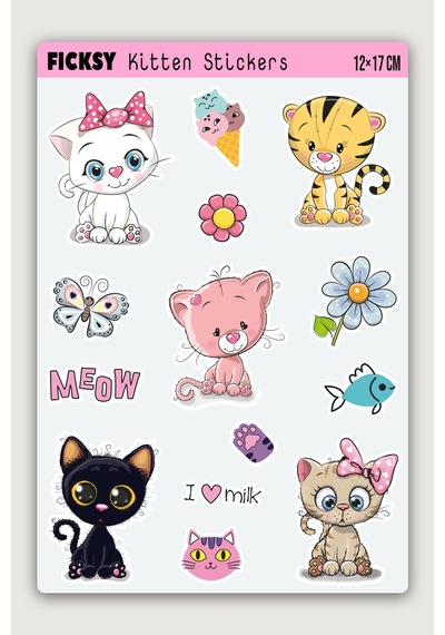 Sevimli Yavru Kedi Sticker Seti - 14 Adet Etiket Çıkartma Çok Renkli