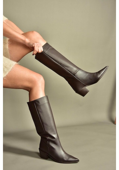 Fox Shoes V654082103 Kahverengi Hakiki Deri Kalın Topuklu Kadın Çizme Kahverengi