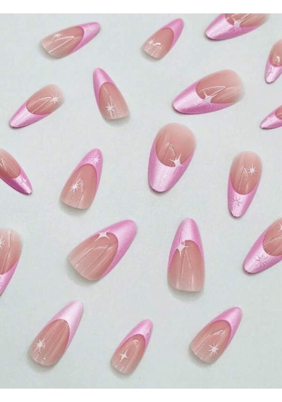 Pembe French Simli Badem Takma Tırnak Seti 24 Adet