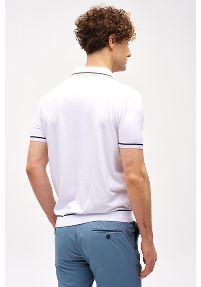 İgs Beyaz Slim Fit Dar Kalıp Düğmeli Polo Yaka Desenli Kısa Kollu Triko Tişört-16312