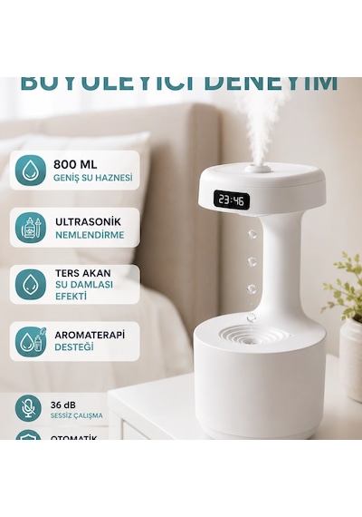 Dekoratif Hava Nemlendirici 800 Ml Sessiz Aroma Difüzör Anti Yerçekimi Su Efektli