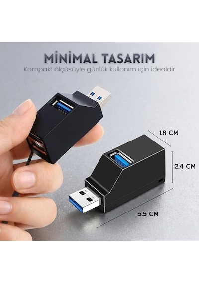 Usb Çoklayıcı Hub 3 Port Switch - 1x Usb 3.0 + 2x Usb 2.0 - Laptop, Pc İçin Usb Çoğaltıcı Adaptör - Kolay Taşınabilir Bileklik İpli Splitter - Siyah