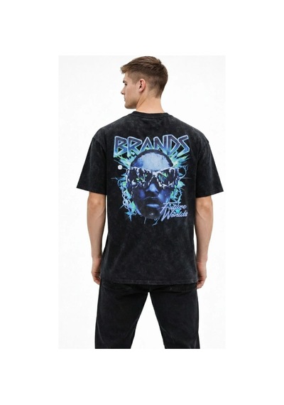 Erkek Asit Yıkamalı Oversize Tişört Bisiklet Yaka Kısa Kol T-shirt - Siyah