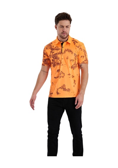 Gölge Desenli Spor Polo Yaka Erkek Kısa Kol Tişört Oranj