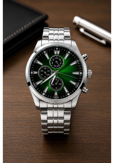 Erkek Gümüş Renk Metal Kordon Analog Kol Saati Takvim Göstergeli Yeşil Siyah Kadran - Gümüş Çok Renkli 61344954