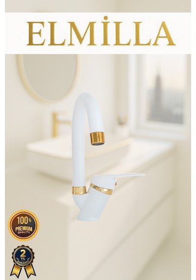 Beyaz Gold Banyo Lavabo Musluğu Bataryası Çeşmesi Baston Borulu Lüx Tasarım Çif Su Giriş
