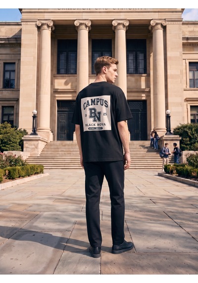 Black Nova Oversize Baskılı Unisex Tişört Nova Campus Black Siyah