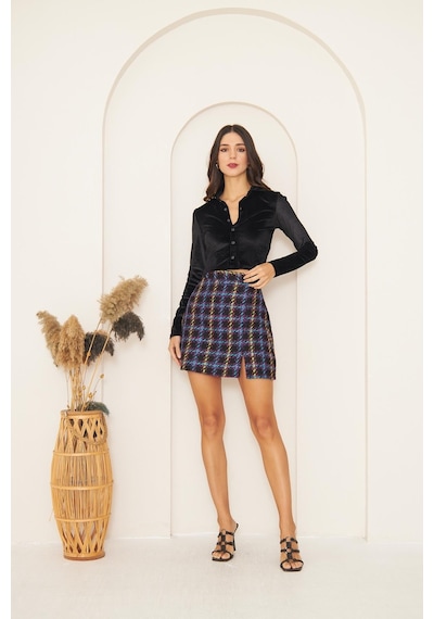 Darlin Moda Mor Yırtmaç Detaylı Tweed Mini Etek Dm2004 Mor