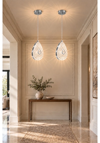 Sally Modern Tasarım Krom 3 Renk Sarı Günışığı Ve Beyaz - Ledli Banyo - Mutfak - Salon Ledli Sarkıt Avize 2 Adet Gümüş Gümüş
