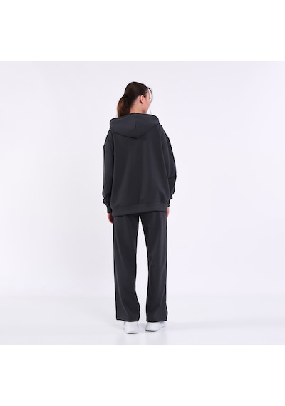 Mmetalic Kadın Antrasit Normal Kalıp Basic Beli Lastikli Kapüşonlu Oversize Mevsimlik Alt Üst Eşofman Takımı