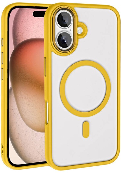 Apple Uyumlu iPhone 16 Plus Kılıf Wireless Şarj Özellikli Zore Krom M-safe Silikon Kapak Sarı