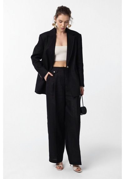 Antioch 100% Keten Kadın Blazer Ceket Siyah