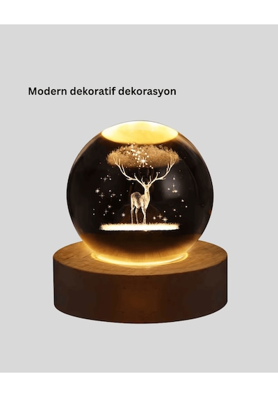 Led Işıklı Geyikli Kristal Küre, Ahşap Standlı Modern Dekor Lamba 0