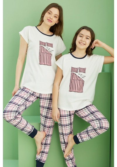 Siyah İnci Pamuklu Bisiklet Yaka Örme Pijama Takım25117065 Ekru