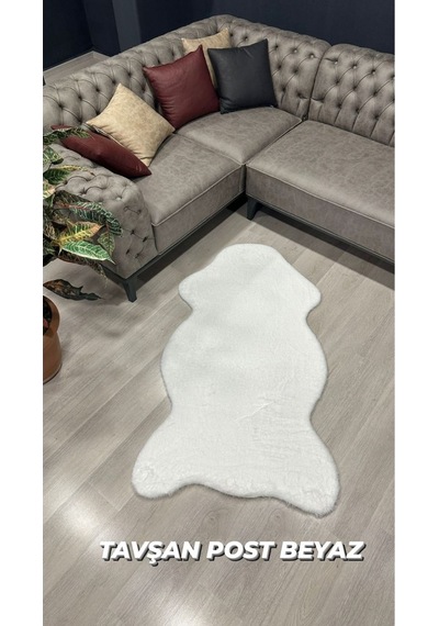 Aries Home Tavşan Tüyü Beyaz Yumuşak Makinada Yıkanabilir Kaymaz Ve Toplanmaz Süet Taban Post Halı